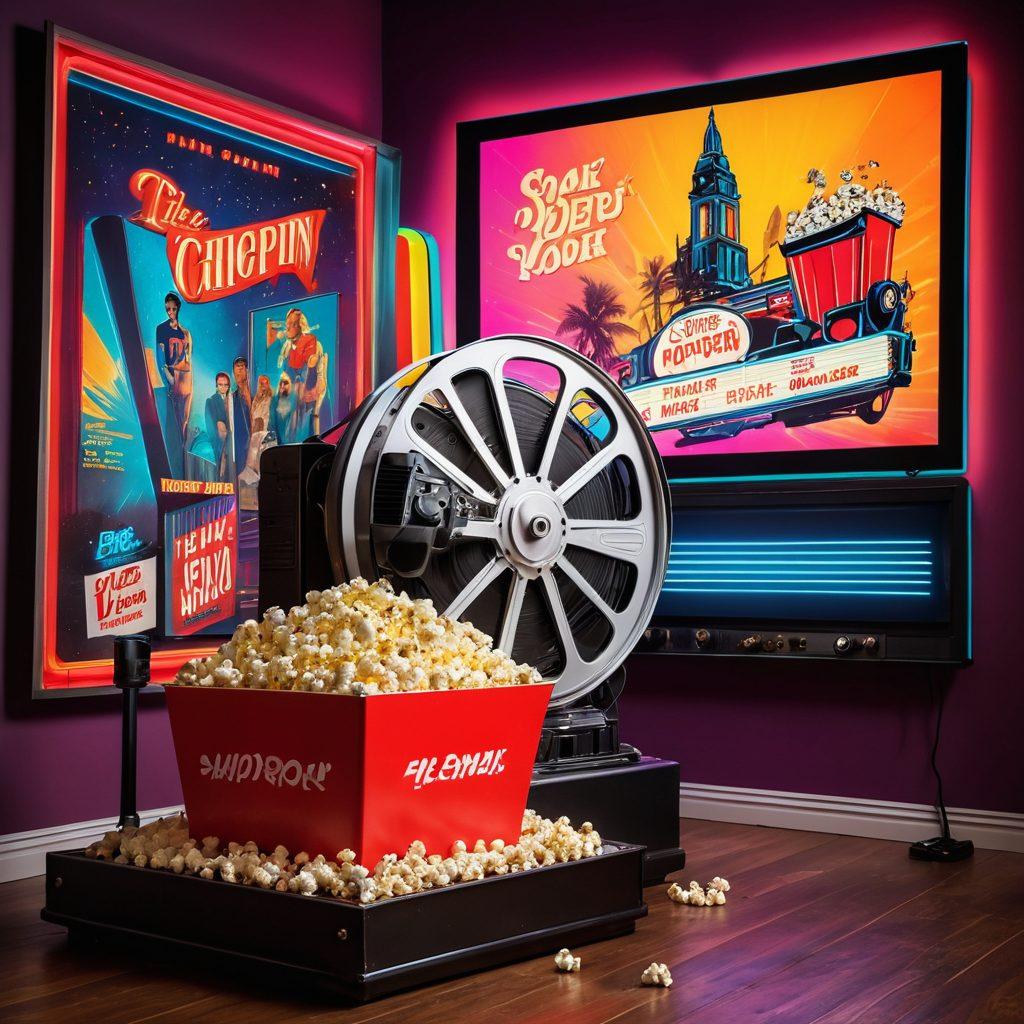 A vibrant cinema scene featuring a diverse selection of classic and modern movie posters, each iconic in its own era. The background showcases an old film projector and a modern cinema screen, blending the nostalgic and contemporary. Include popcorn, film reels, and neon lights to amplify the cinematic vibe. super-realistic. vibrant colors.