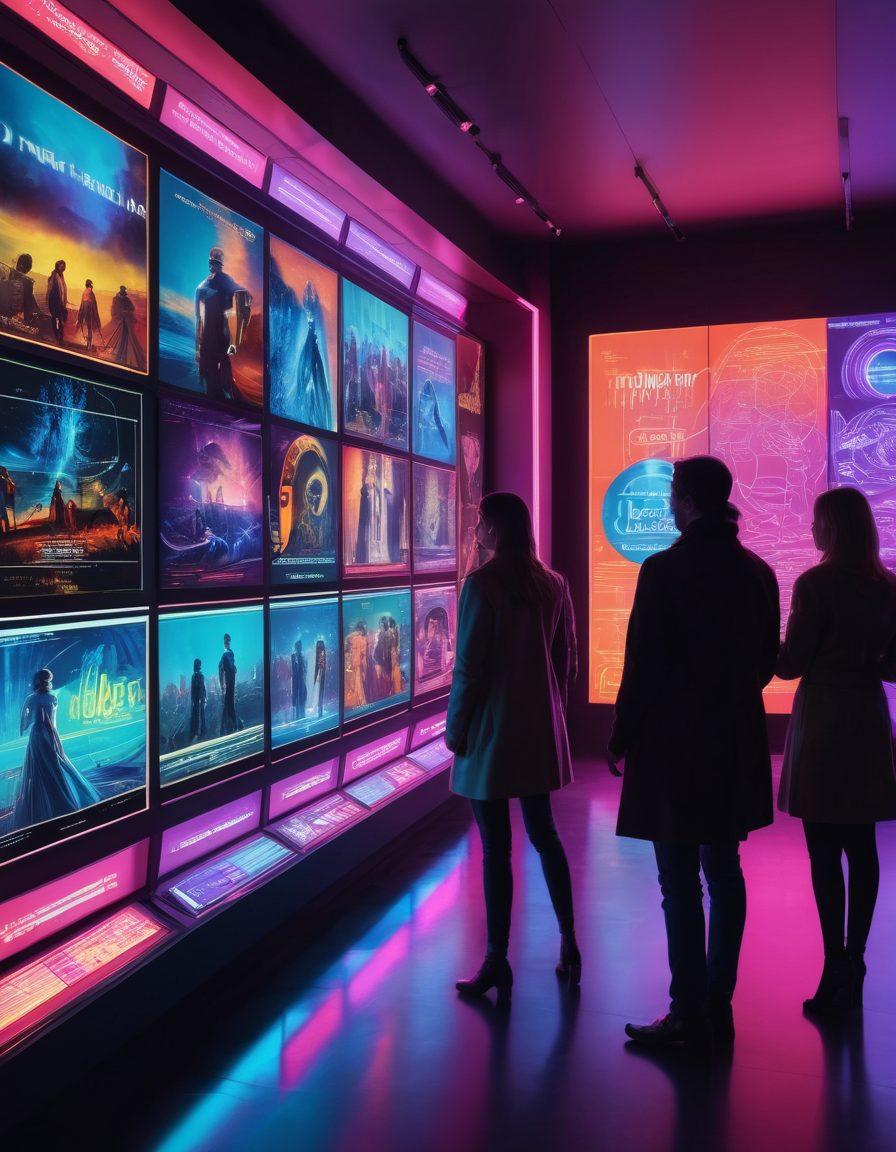 A futuristic digital archive filled with glowing holographic movie reels, vintage film posters, and interactive touch screens. Bright neon lights illuminate the space, and a diverse group of people are exploring the archive with awe. References to classic and modern movies subtly integrated into the background. super-realistic. vibrant colors.