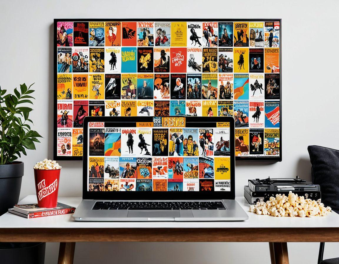 A vibrant mosaic of movie posters, each representing a different film genre, flowing together like a digital river onto a laptop screen. The laptop is set on a cozy, modern living room table adorned with popcorn and film reels. Bright, dynamic colors weave through the collage, creating an inviting and exciting atmosphere. super-realistic. vibrant colors. white background.